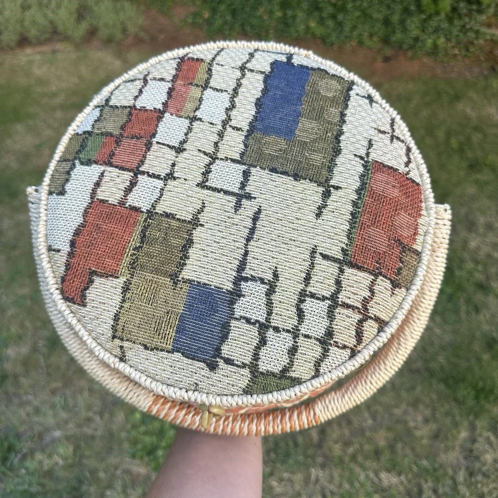 Vintage Wicker Sewing Basket Orange Satin Liner Japan Handle Woven Tapestry Lid